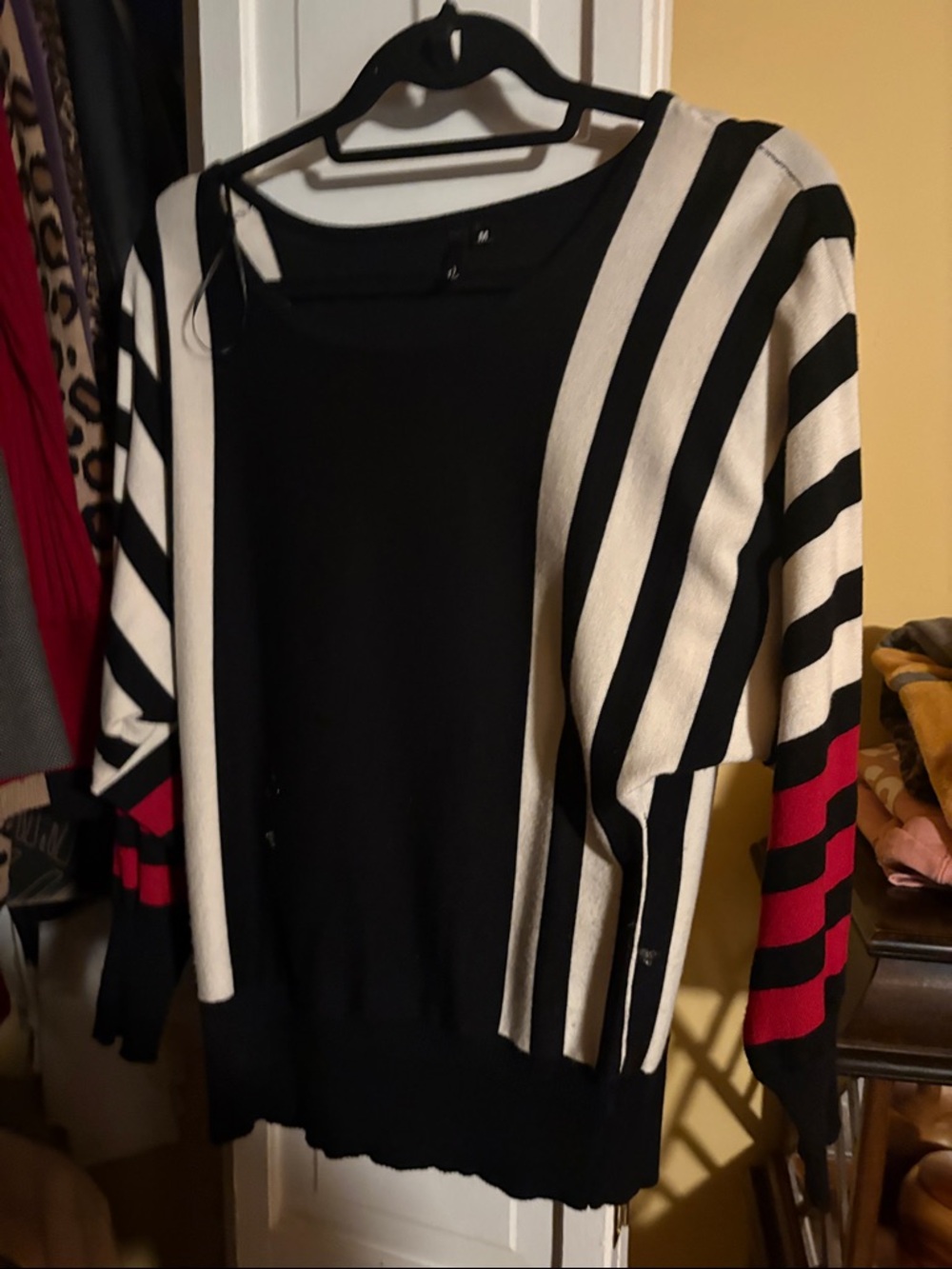 VIP Black & White Striped Cardigan with Red Sleeve Accent